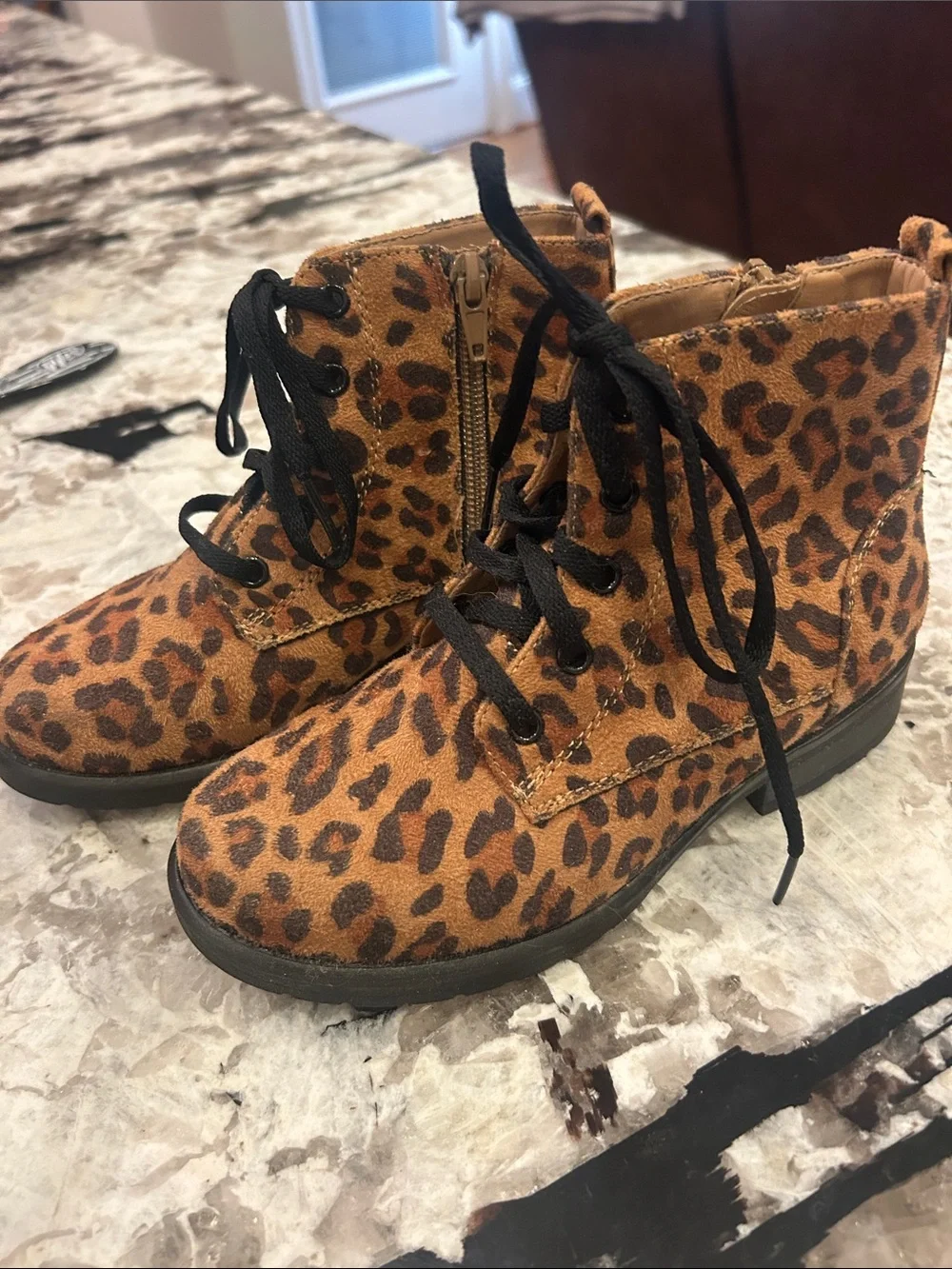 Kids Leopard Print Lace-Up Ankle Boots - Black Laces
